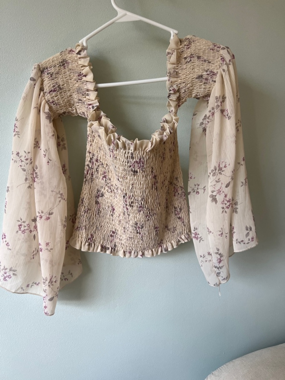 Windsor Cream Floral Smocked Puff-Sleeve Crop Top
